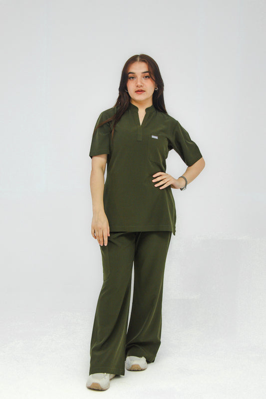 Women’s Mandarin Collar Scrub Set — Flared Pants