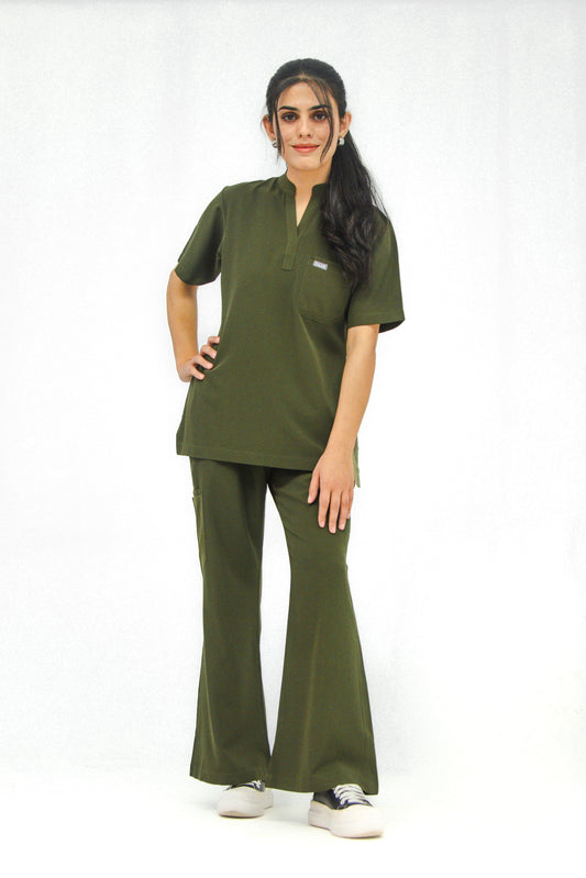 Women’s Mandarin Collar Scrub Set — Flared Pants